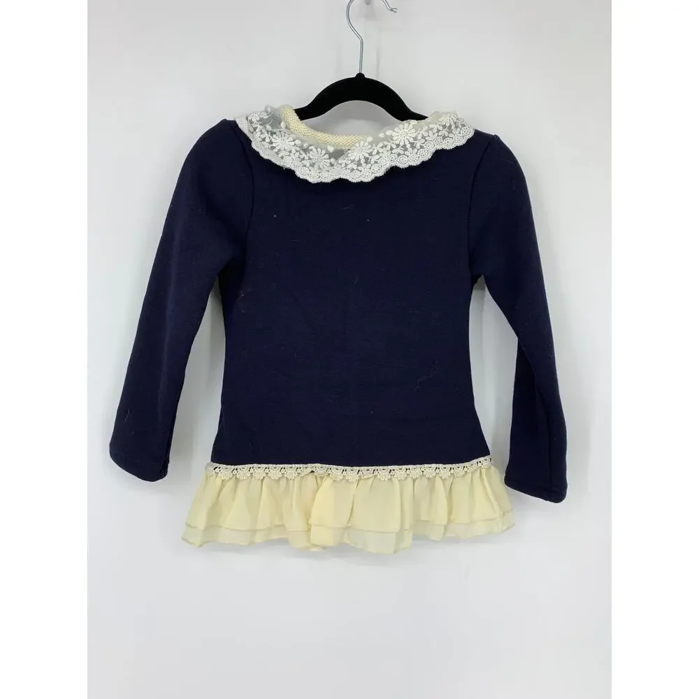 Richie House Girl's Size 4-5 Sweet Lacy Cardigan with Braided Placket Blue Cream